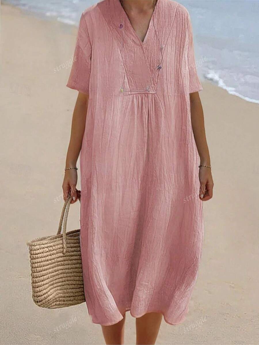 Vestito estivo casual e morbido in colore unito, scollo a V, maniche corte, adatto a donne di taglia comoda, tessuto traspirante, ideale anche per signore anziane