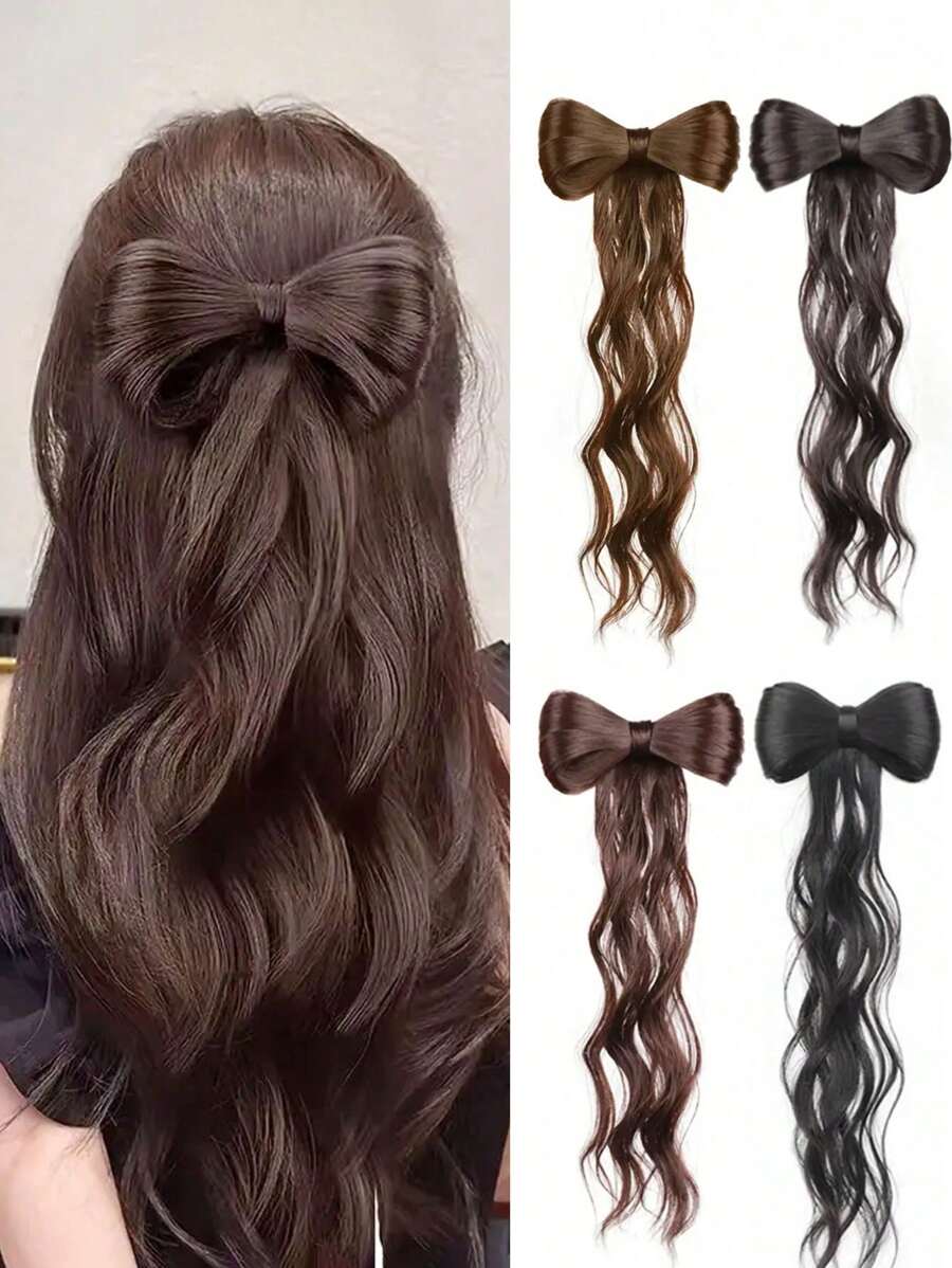 1 pieza Clip de pelo con lazo de aleación con estilo dulce Y2K, extensión de cabello sintético de unicolor, postizo de cola de caballo rizada realista