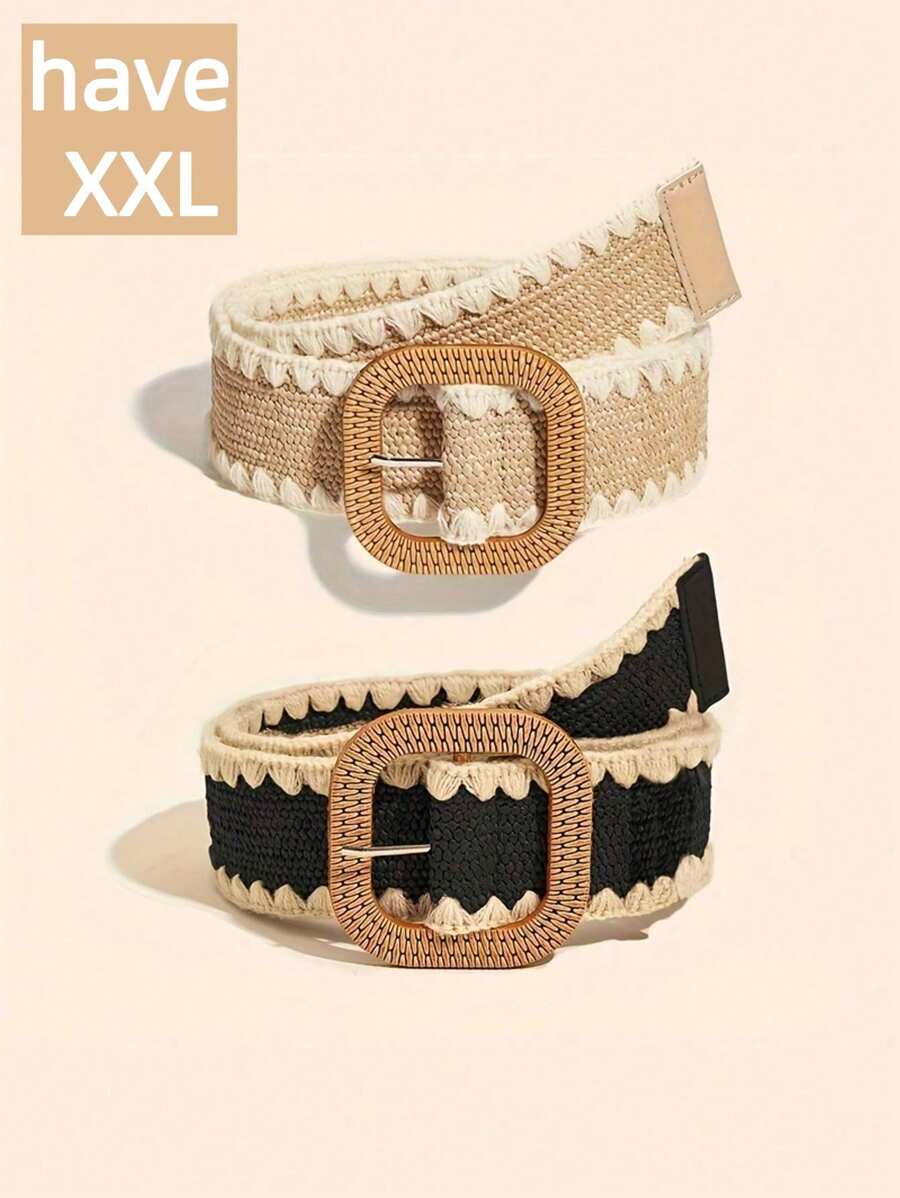 2pcs Plus Size XXL Bohemian Hollow Woven Rattan Women's Belts, Matching Casual Suits, Beach, Party Summer, School