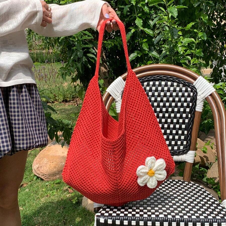 Summer Crochet Knitted Bag, Large Capacity Portable Tote Bag, Casual Handbag For Women, Beach Bag Suitable For Leisure, Travel, Vacation And Daily Outfit