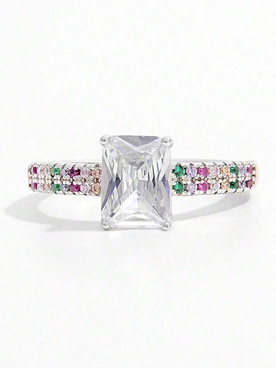 Vaerine 1 Stück klassisch eleganter, exquisiter 925er Sterling Silber Ring mit rechteckigem Stein in Doppelreihe, Modisches Accessoire für Verlobung, Party, Date, als Geschenk um den Charme zu unterstreichen