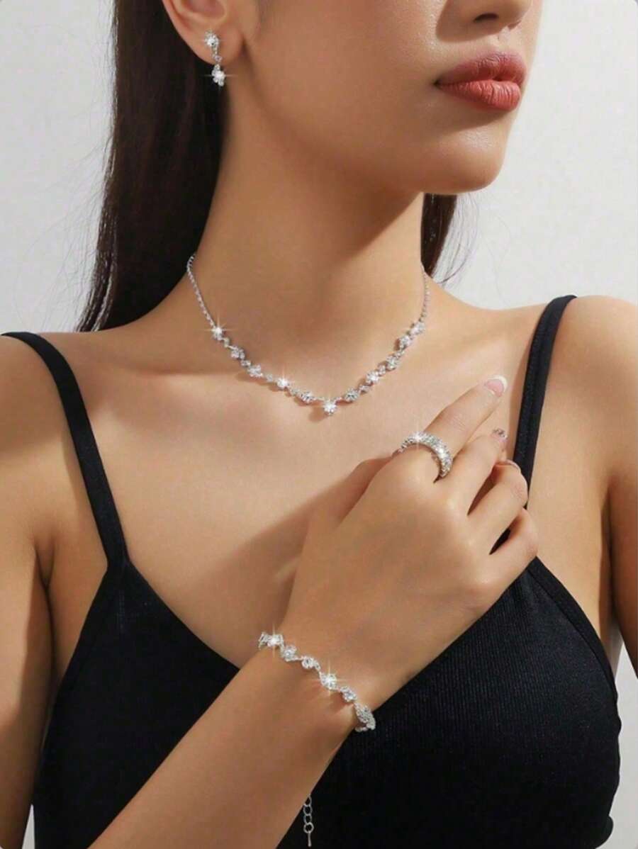 5 Peças Conjunto de Joias Minimalista, Colar com Borla de Strass, Brincos, Pulseira, Anéis | Presente de Casamento para a Noiva, Uso Diário, Festa, Férias | Acessórios Estilosos e Versáteis