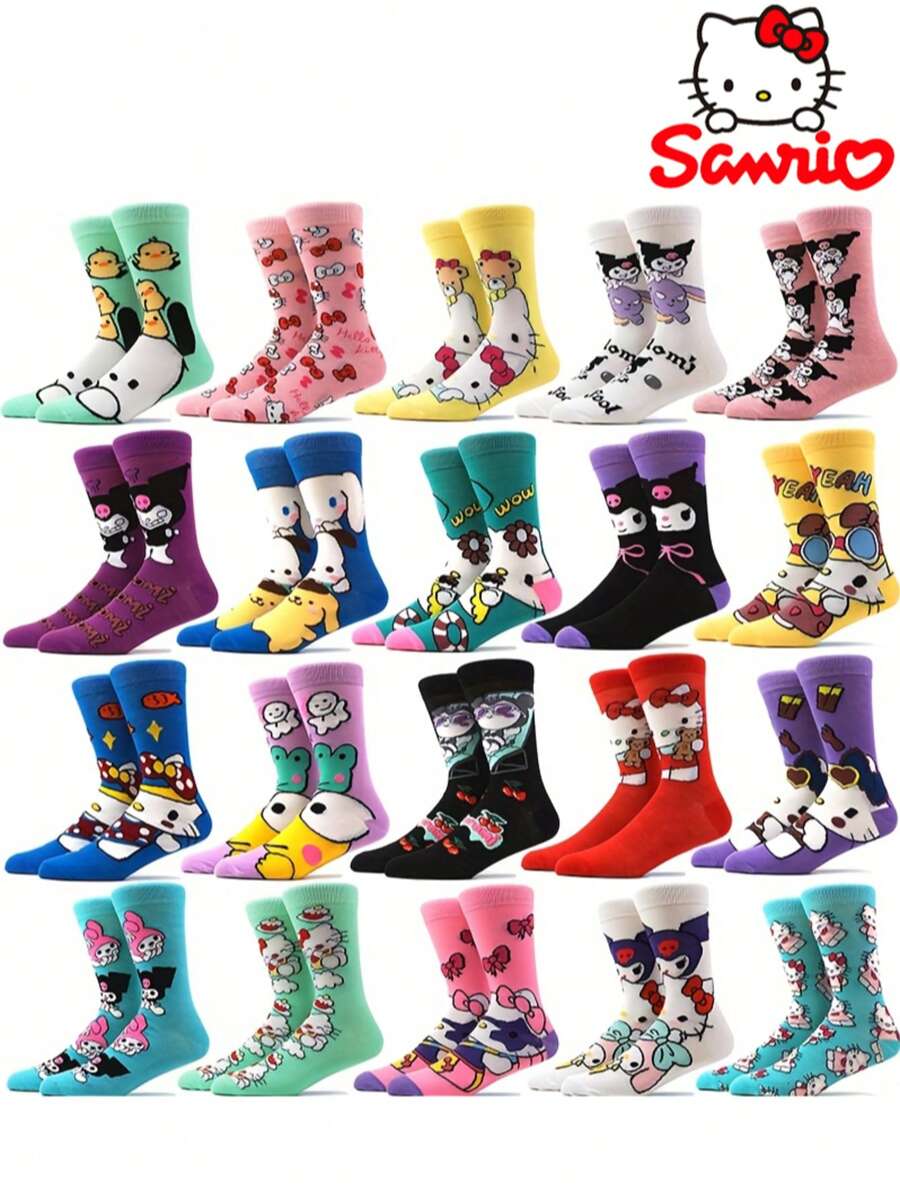 Sanrio 2 Pairs Sanrio Cartoon Anime Character Socks, For Hello Kitty & For Kuromi, 92% Polyester 8% Spandex, 600g/M² Knit Fabric, Comfortable Breathable Elastic, Machine Washable, Perfect For Gifts & Daily Wear