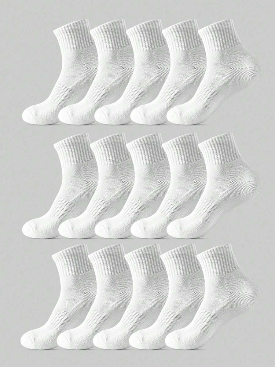 15 Pairs Unisex White Mid-Calf Socks, Sports & Casual Comfortable Breathable Socks For Daily Wear, Home & Travel