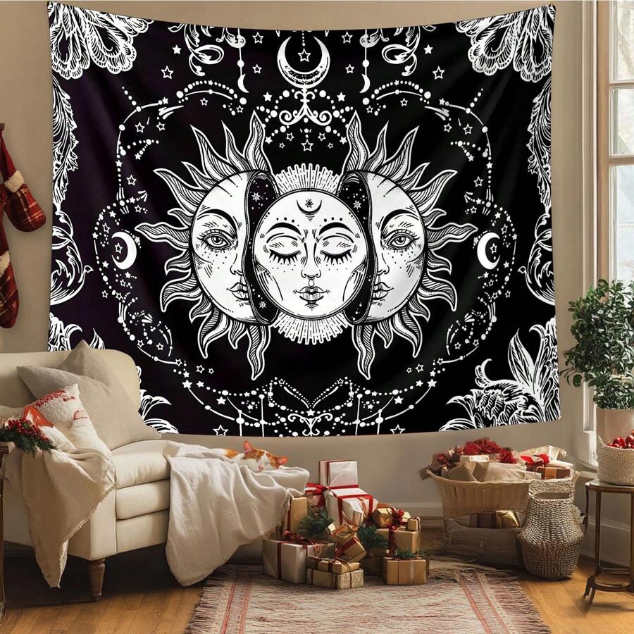 1 pezzo Arazzo bohémien con disegni del sole e della luna nel cielo, decorazioni per la casa misteriose, decorazione d'interni moderna e unica per camere da letto, soggiorni o dormitori