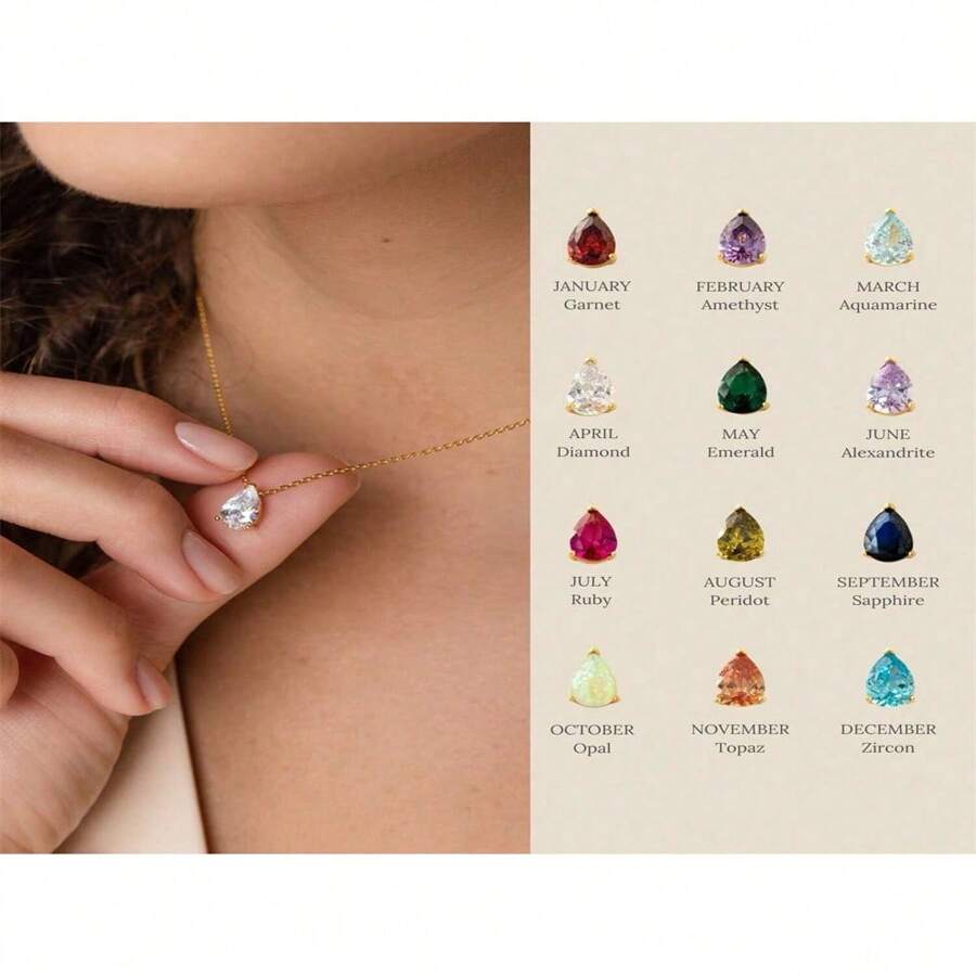 18K Gold Plated Pear-Shaped Zirconia Stainless Steel December Birthstone Necklace, Christmas, Birthday, Valentine's Day Gift
