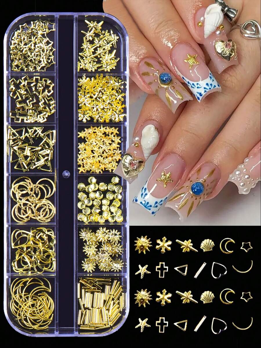 12 Grid Seashell Starfish Nail Arts Decorative Creative Metal Nail Accessories DIY Summer Nail Charm Nail Jewelry Nail Art Supplies