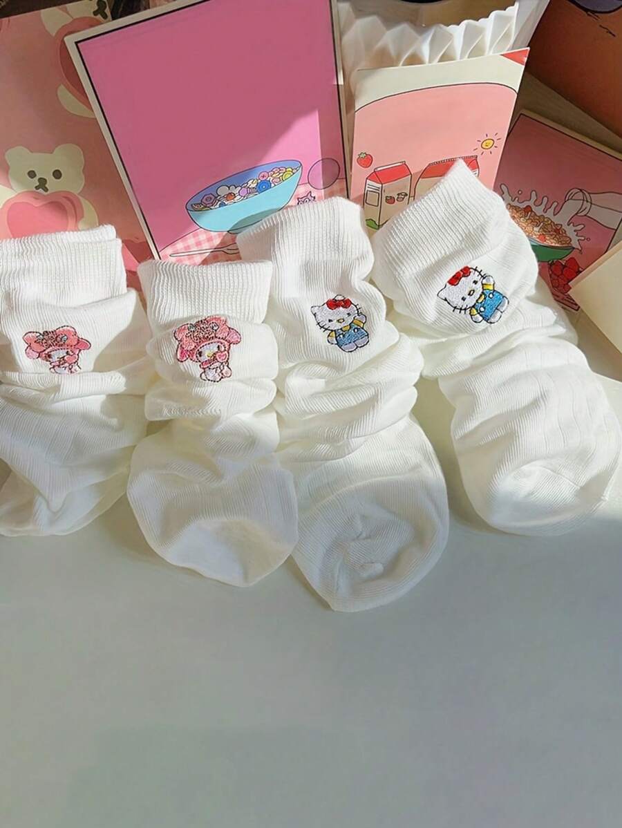 Sanrio 2 Pairs Sanrio Women'S Mid-Calf Socks - Cute For Hello Kitty Embroidered Pattern, White, Soft, Breathable, Sweat Absorbent, 200g/M² Fabric, Hand Wash Or Dry Clean, Solid Color, Perfect For Casual Or Formal Wear, Cute Sock