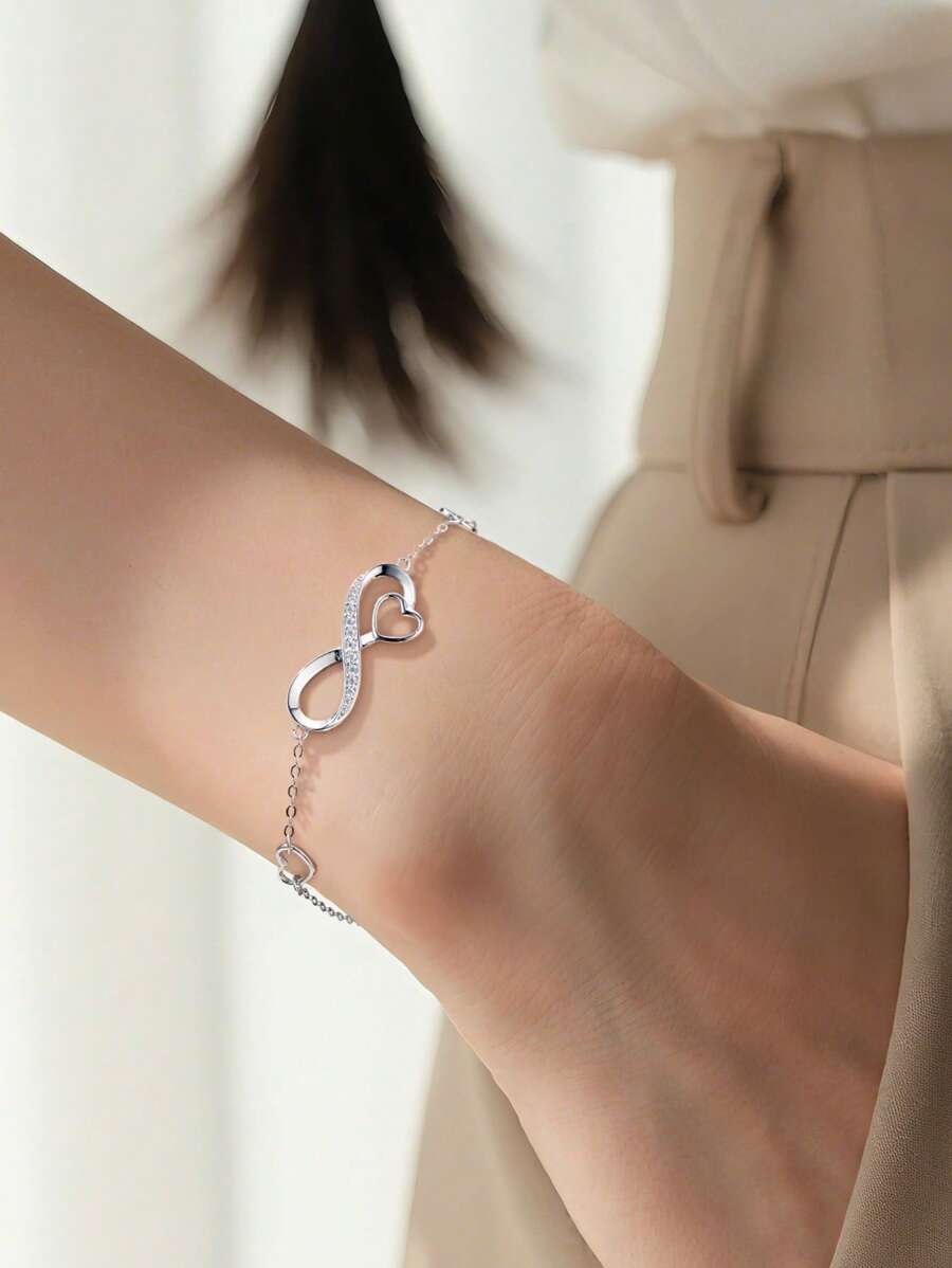 1 Pc 925 Silver Infinite Symbol Bracelets, Exquisite Cubic Zirconia Heart Women Bracelet Chain Perfect For Gifts For Lady,Girlfriend And Vacation