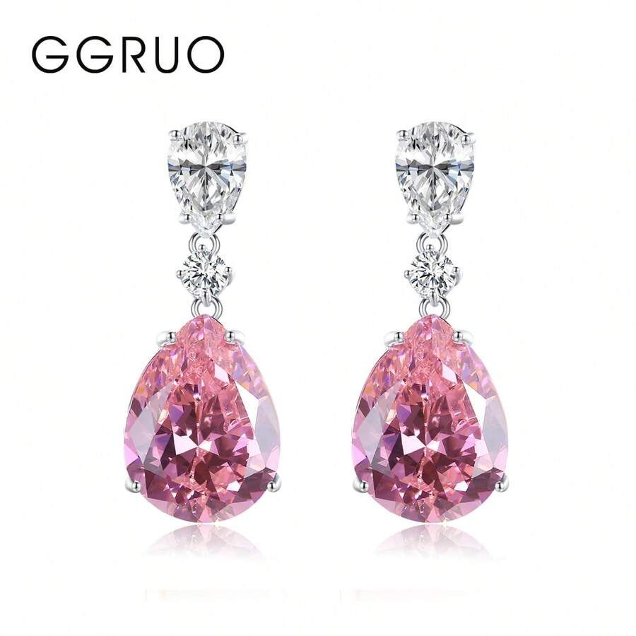 GGRUO 1 Paar 925er Silber Pink Tropfenform Ohrringe, süße, ausgefallene, klare kubische Zirkonia Ohrstecker, attraktiver Schmuck für Braut, Party, Hochzeit, Valentinstag, Dates, Geschenke