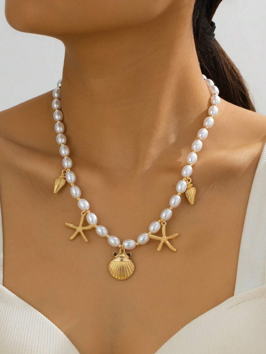 1 pieza Collar colgante bohemio con concha, estrella de mar y conchas marinas, de moda y versátil para mujer, ideal para el verano