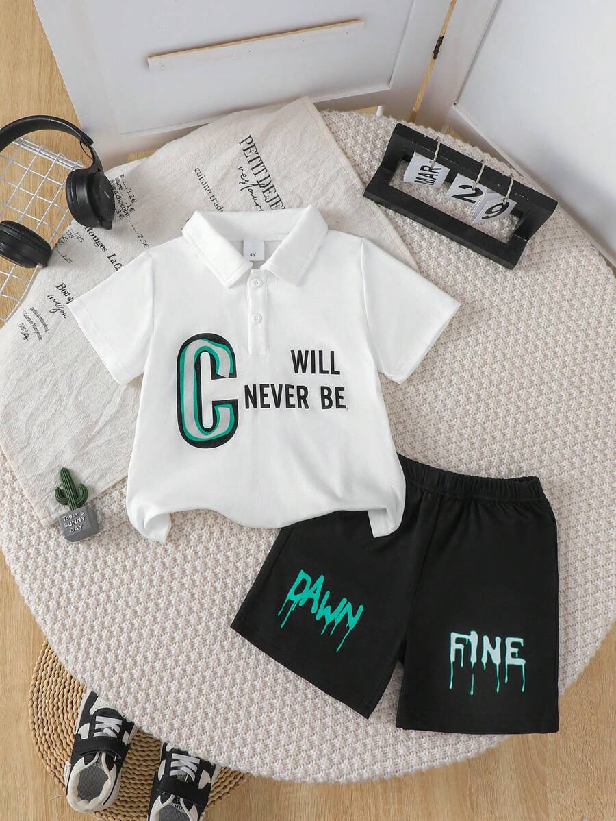 Set de 2 piezas con camisa polo y bloque de colores con estampado de letras para niños pequeños, uso casual de negocios para el verano