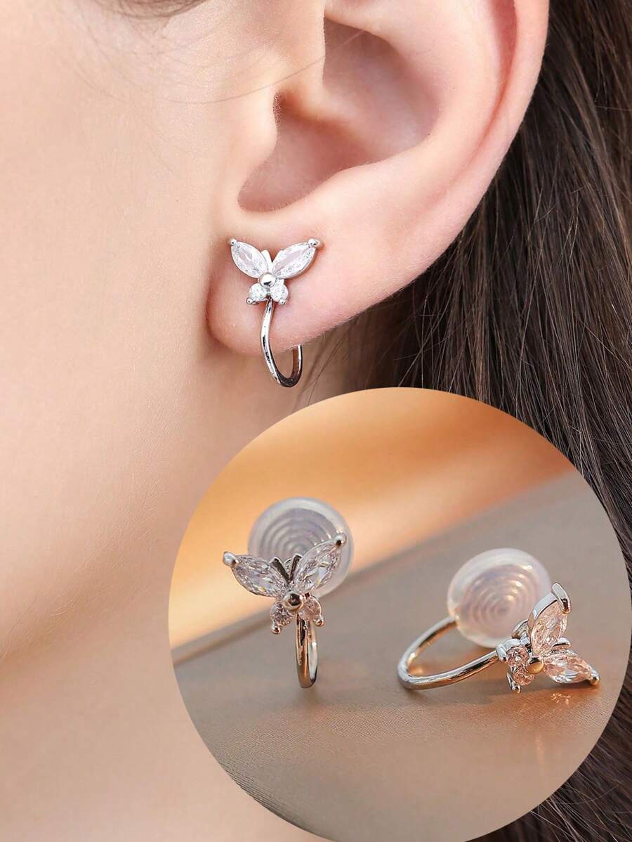 1 Par de pendientes de mariposa de cobre con circonita, de alta calidad y brillo, sin necesidad de perforación, adecuados para uso diario y como regalo festivo