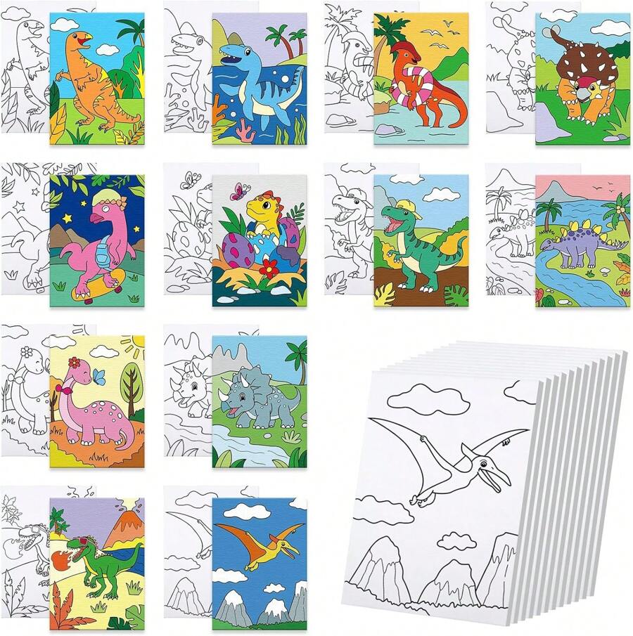 12 Packs Animals Pre Drawn Canvas To Paint, 5" X 7" Dinosaur Pre Printed Canvas For Kids, Pre Stretched Canvas Outline Painting Boards For Beginners, Students, Party Favor