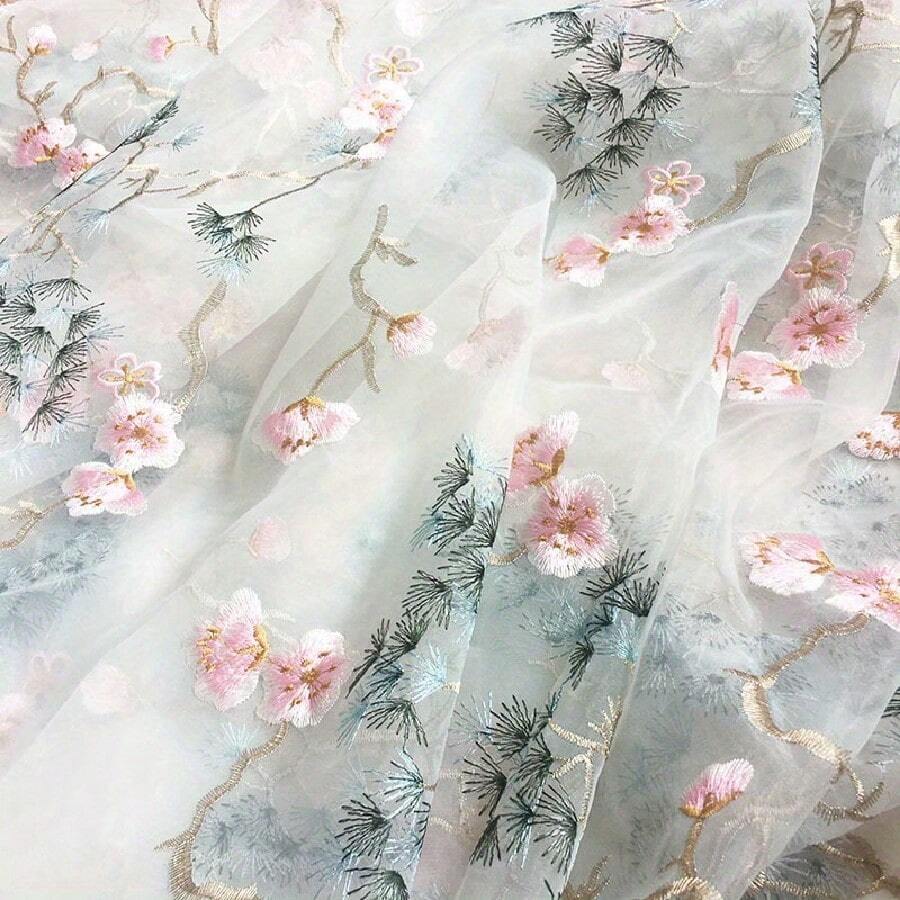 1 Piece Of Organza Plum Blossom Embroidery Fabric DIY Sewing Window Screen, Tablecloth Decorative Embroidery Fabric