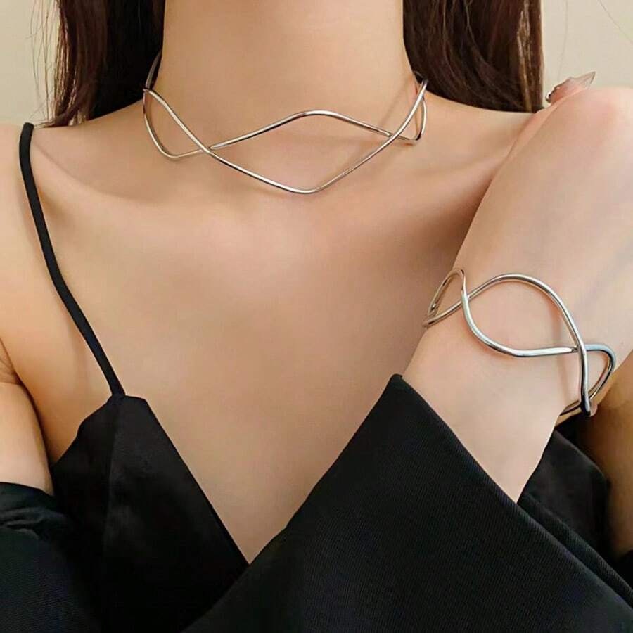 2pcs Minimalist Asymmetrical Metal Texture Open Adjustable Necklace & Bracelet Set