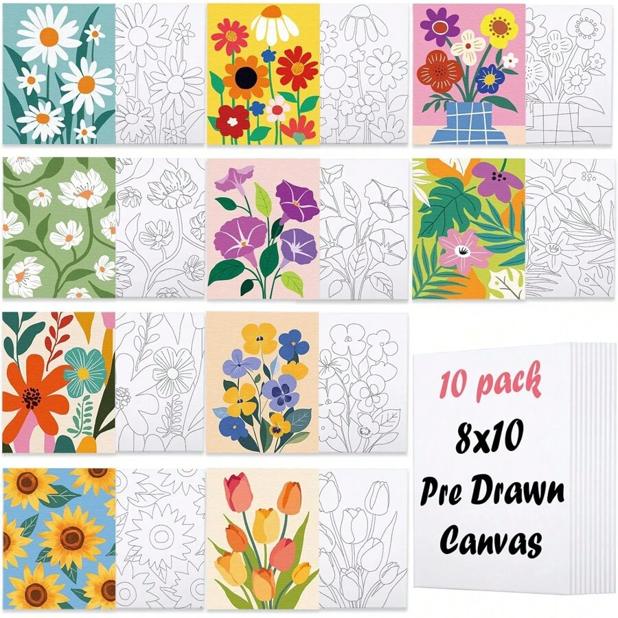8X10 Pre Drawn Canvas For Painting For Kids 10 Pcs Floral Pre Printed Canvas Painting Kit Vibrant Botanical Pre Drawn Canvas To Paint Girls Night Party Supplies