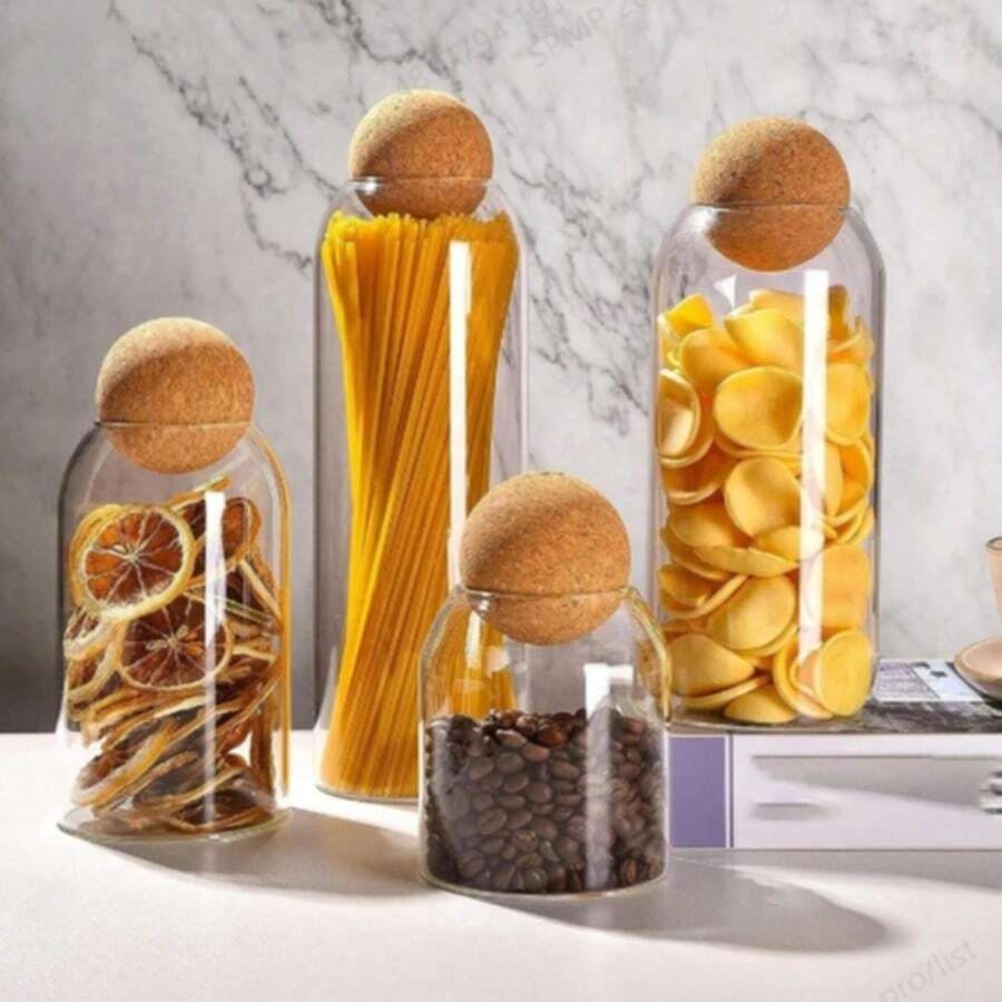 Glass Jar With Round Ball Lid, Seal Coffee Bean Container, Kitchen Food Storage Canister, Creative Cork Tea Leaf Organizer