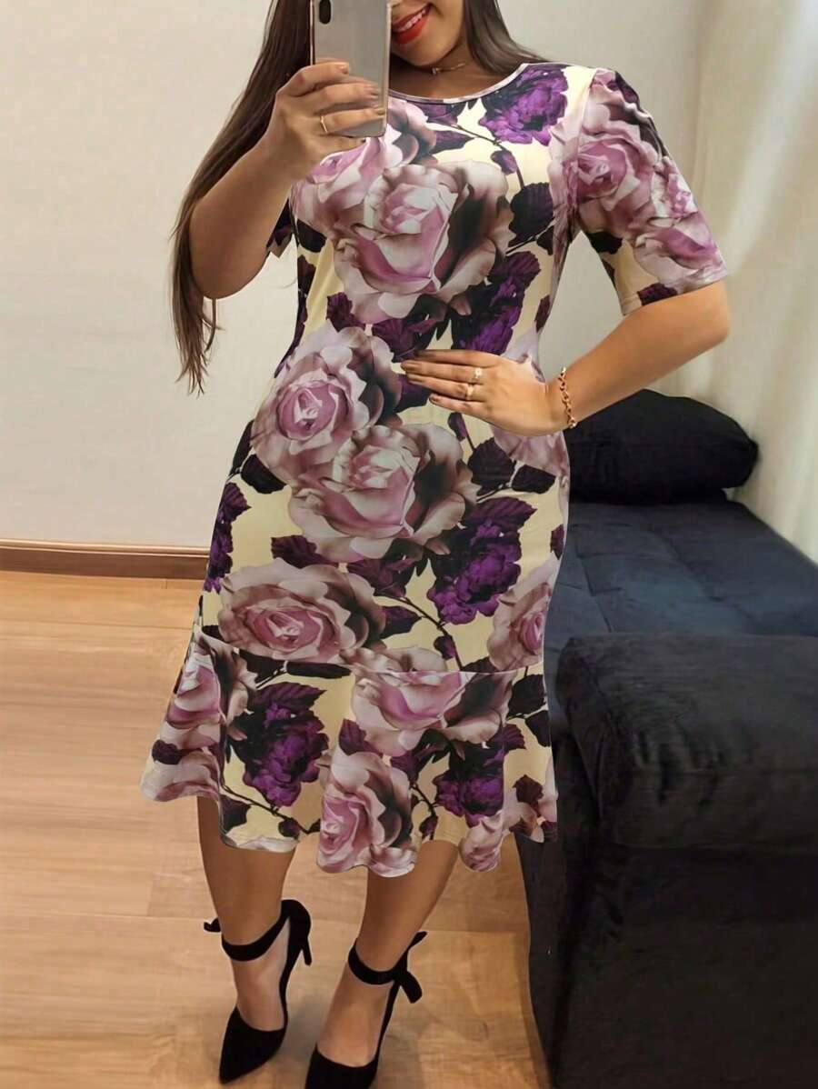 Abito a balze con stampa floreale vintage, taglia grande, in tessuto jersey estivo, scollo a ciambella, in poliestere e spandex, lunghezza midi