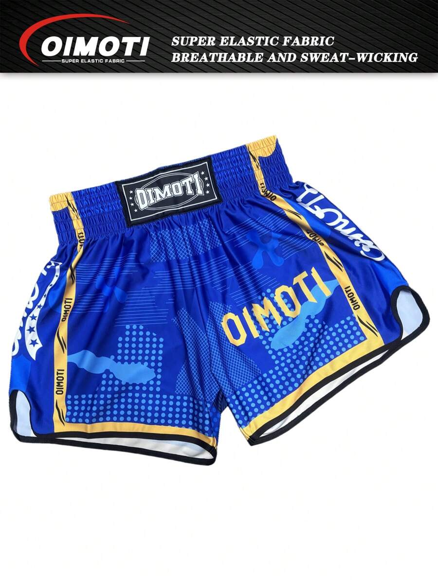 OIMOTI 1 Pc Men's High Elasticity Boxing Shorts - Breathable Polyester Knit, Loose Fit, Moisture-Wicking, Sports Style, Suitable For Gym, Training, ONE Tournament, MMA, Jiu-Jitsu, Fighting, Design By OIMOTI, Blue Shark Loose Quick-Dry Boxing Shorts, Muay Thai, Men's Fitness Running Boxing Martial Arts