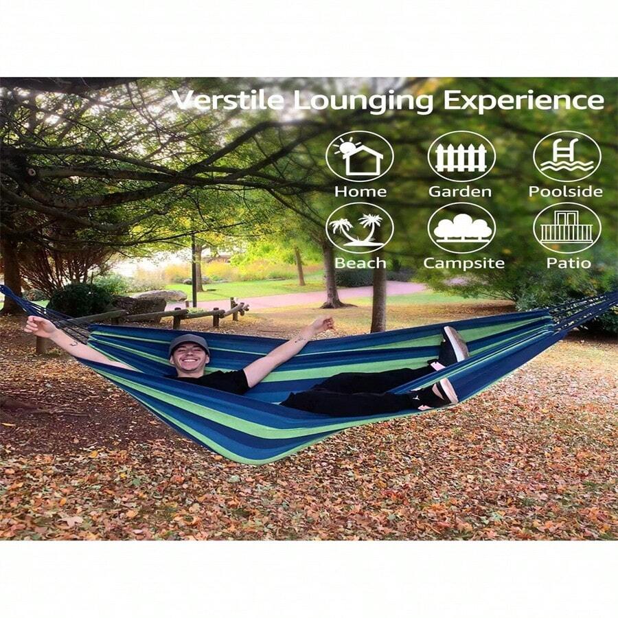 Portable Hammock Outdoor Garden Travel Sports Home Camp Swing Canvas Stripe Hang Bed Double Hammock Single People(Blue)
