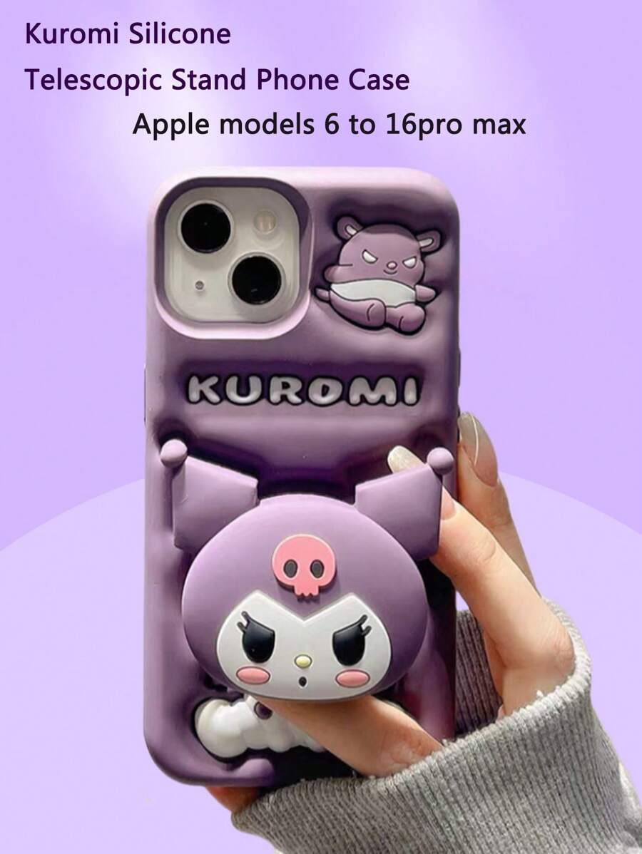 Sanrio Nuevo Estuche de silicona para teléfono Sanrio Kuromi compatible con iPhone 6-16 Pro Max - Diseño de dibujos animados lindo | Carcasa suave a prueba de golpes - Compatible con iPhone 13/14/15 | Soporte telescópico de escritorio - Cubierta protectora, estilo Kawaii