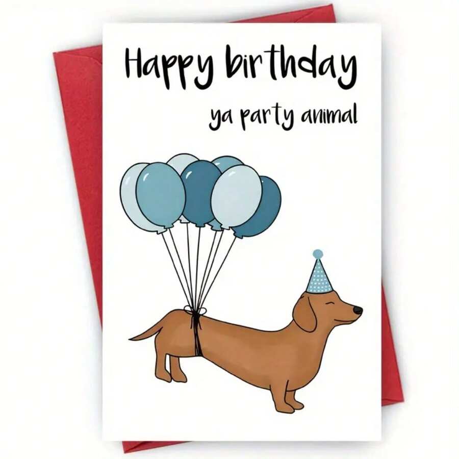 Cartão de aniversário engraçado de Dachshund com chapéu de festa e balões - Cartão de felicitações engraçado "Animal Yappy" para amantes de cães, cartão de papel premium, inclui envelope impresso - presente perfeito para donos de animais de estimação, presentes para cães