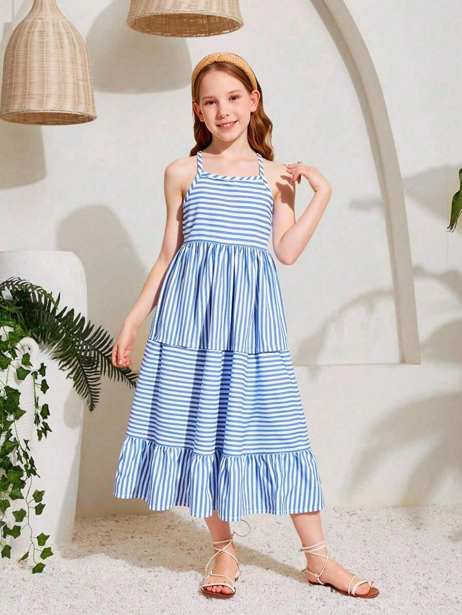 1 pièce Robe camisole à rayures confortable et décontractée pour jeunes filles, convient pour les fêtes, les sorties décontractées, les vacances, les activités extérieures, l'été