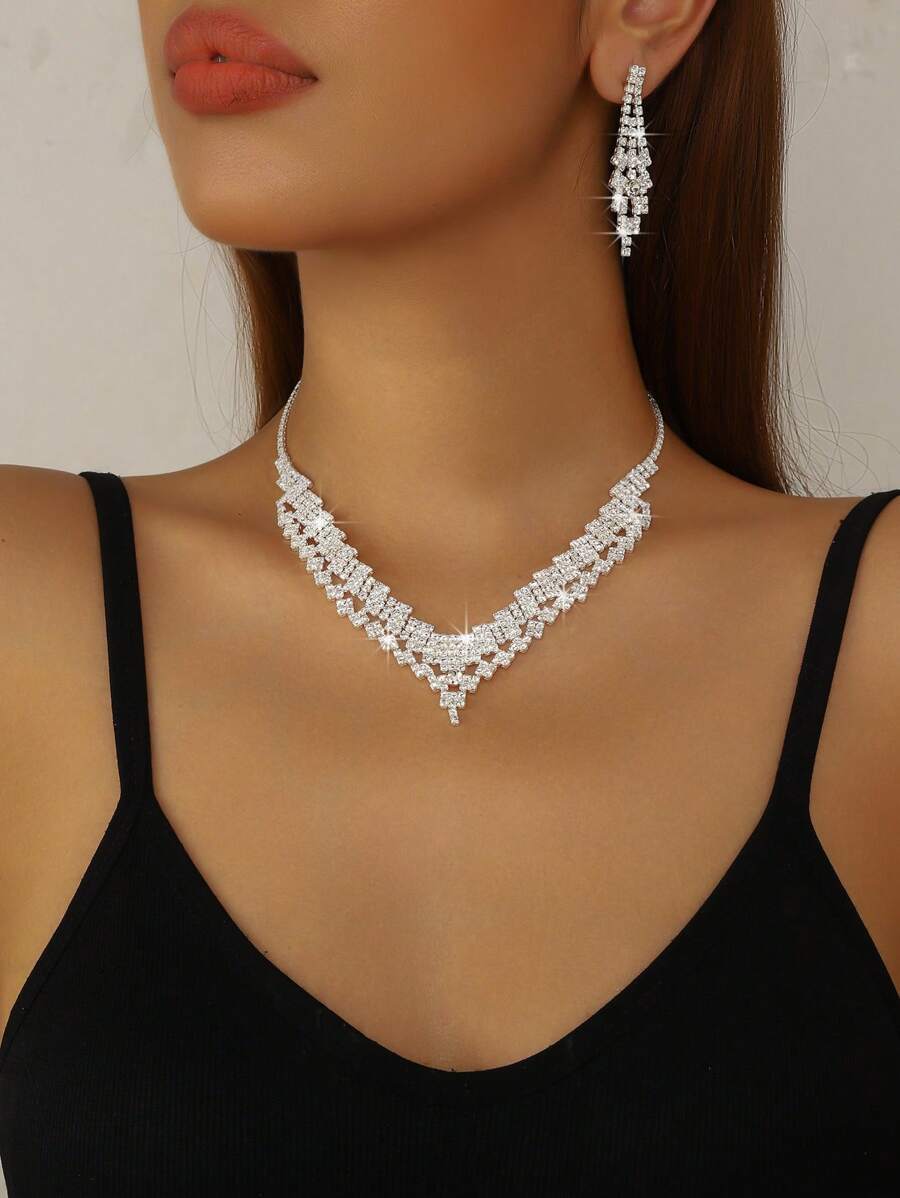 3pcs/4pcs Women's Minimalist Silver-Color Necklace, Earring, Bracelet Rhinestone Jewelry Set, Suitable For Daily Wear, Bridal Wedding Dress, Party Gift