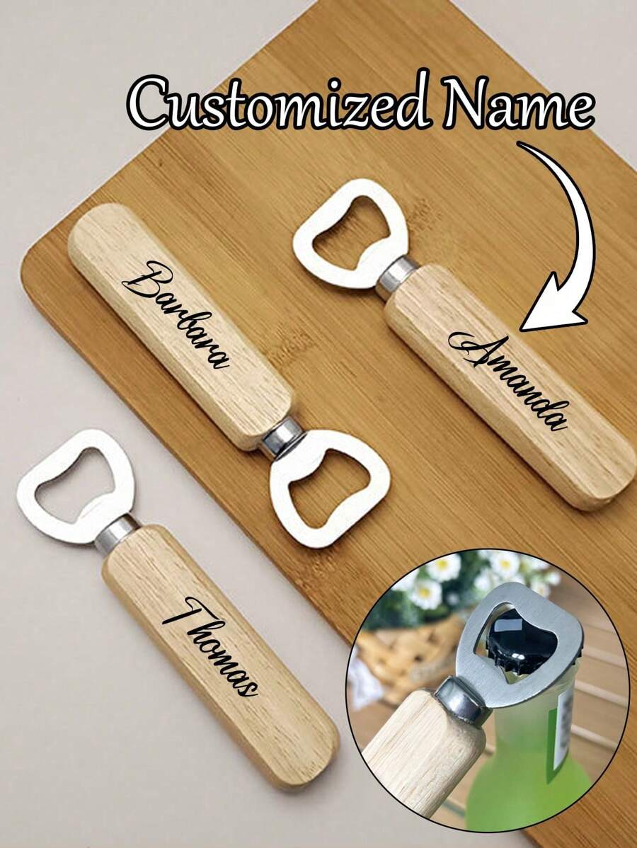 Customized Artistic Name Beer Bottle Opener With Wooden Handle - Stainless Steel, Multi-Function Keychain Design For Business Gifts & Personalized Events, Party, Birthday Decoration Stylish,Adorable,High-Quality Custom,Personalized,Unique Ideal Gifts For Her Boyfriend,Girlfriend,Dad,Mom,Family,Friends,Son,Daughter,School Students,Kids For Anniversaries,For Birthdays School,Office,Home