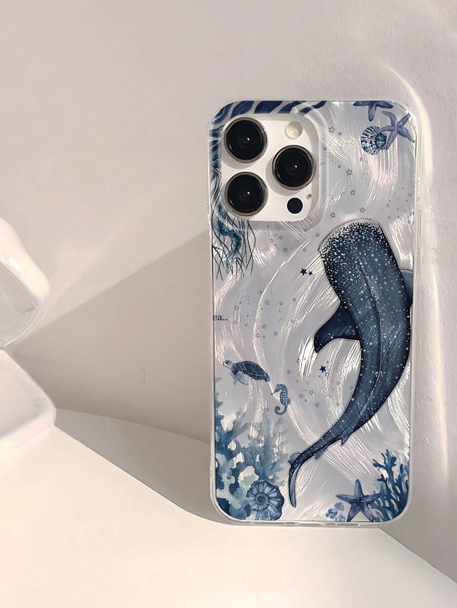 Funda de teléfono suave y brillante de 1 pieza con estampado de tiburón, caballito de mar y coral, impermeable, a prueba de huellas dactilares y resistente a los arañazos, transparente y con efecto IMD, para teléfono móvil
