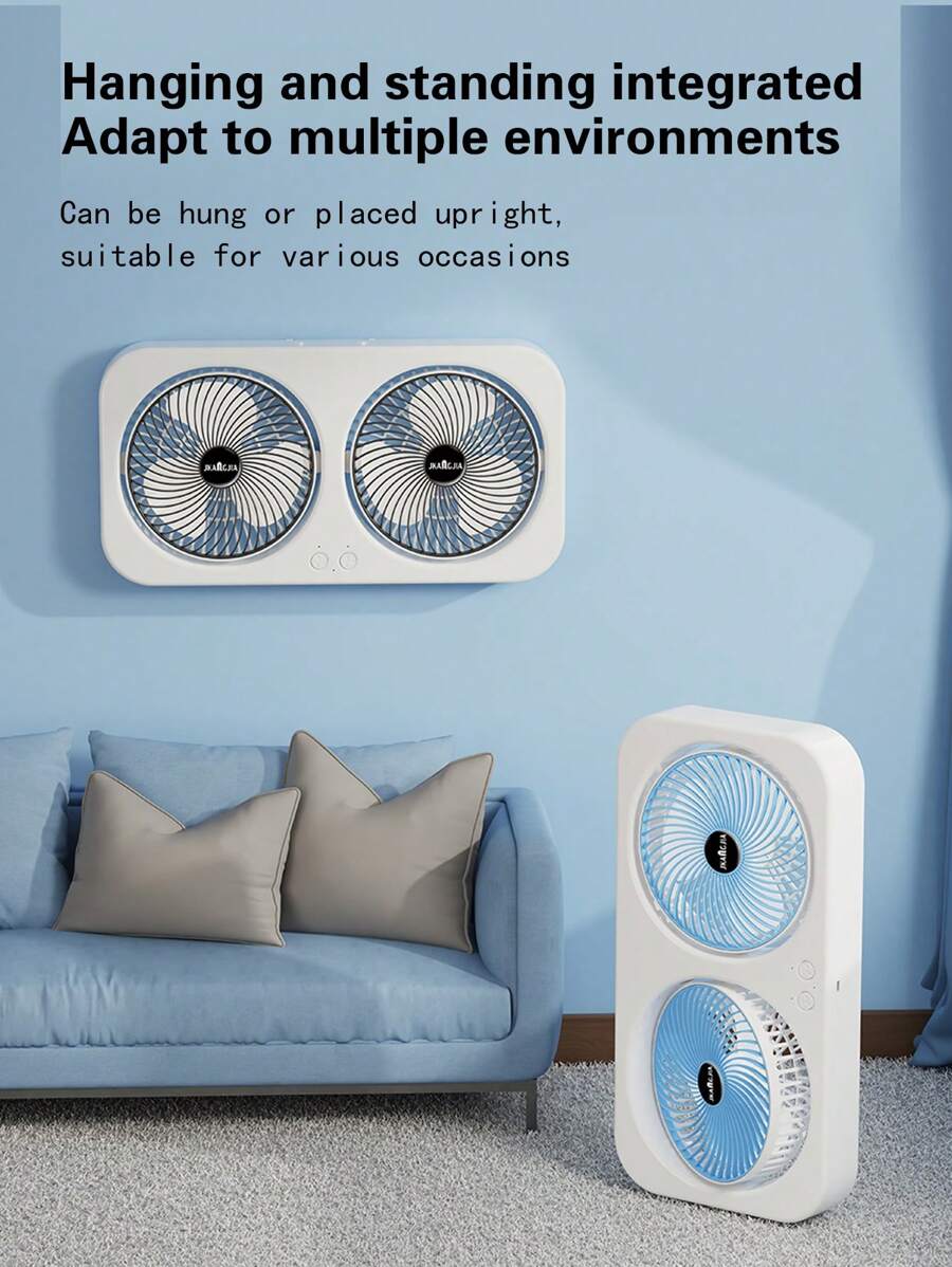 1 pieza Ventilador de escritorio colgante recargable por USB de doble cabezal con larga duración de batería, silencioso, para club, hogar, oficina, viaje, campamento, exterior, 1800mAh