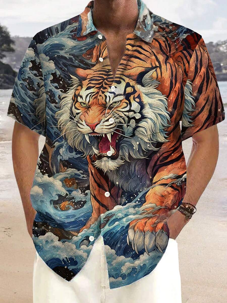 Camisa de manga corta con bolsillo con estampado vintage de tigre ukiyo-e para hombre de talla grande