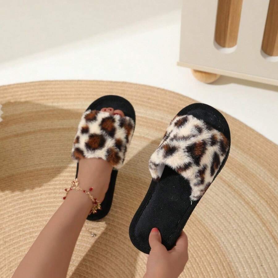 Chinelos Planos Fofos com Estampa de Leopardo e Detalhes na Sola, Design Versátil e Simples para Mulheres