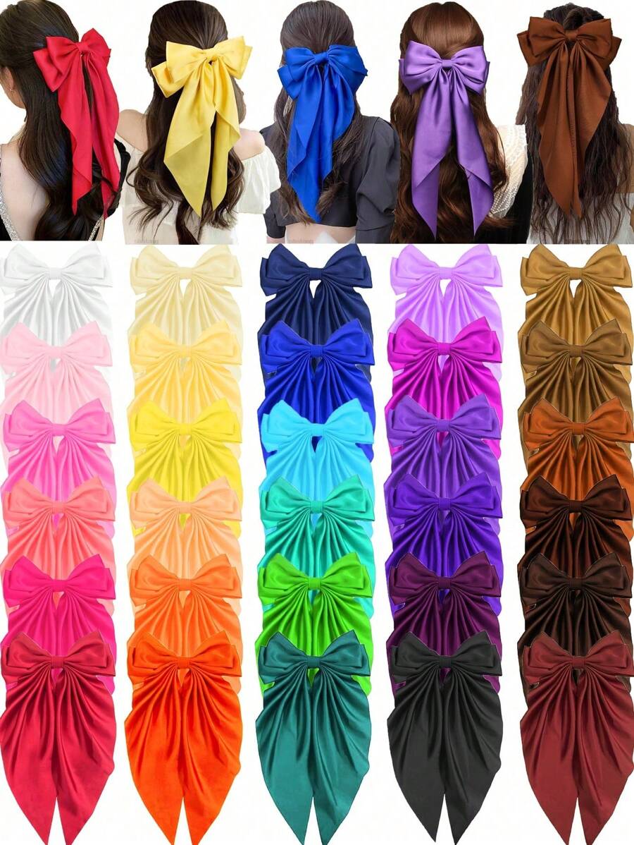 16 Pcs Random Colors Silky Satin Bow Hair Clips For Women Hair Bows Cute Hair Ribbons Oversized Long Tail Hair Barrettes Metal Clips