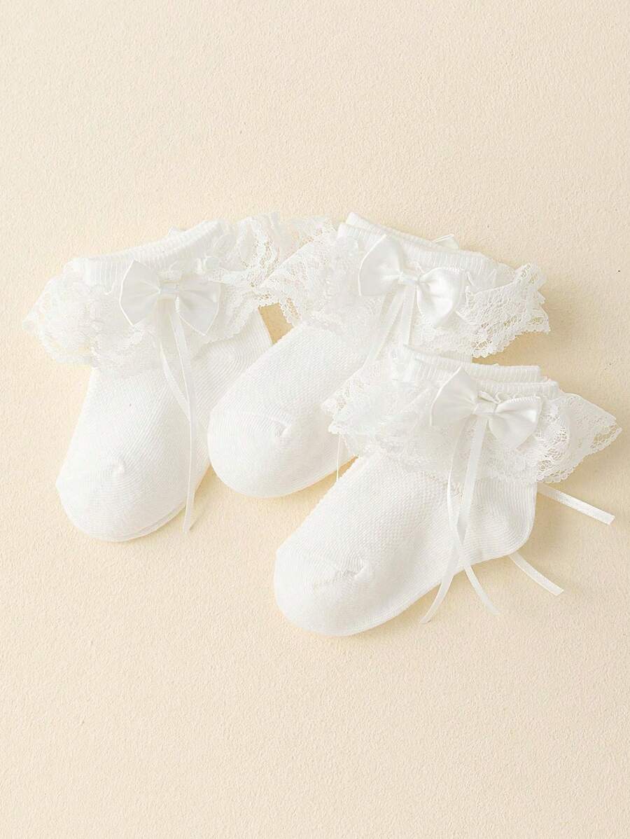 3 Pairs Of Girls' Spring And Summer White Princess Style Lace Mesh Breathable Lace Socks With Bow Accessories Sweet And Suitable For Daily Life Or Gatherings