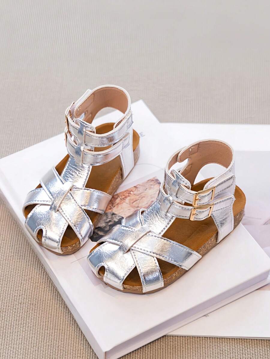 Sandalias retro de correa alta para niños, nuevos zapatos de verano para niñas con diseño romano, zapatos planos de moda para niños y niñas de talla media/grande con cierre de gancho y bucle, sandalias de princesa para la playa, zapatos antideslizantes para bebés