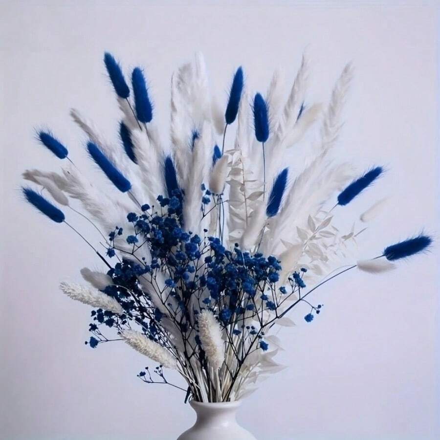 55pcs Classic Artificial Blue Lagurus Tail Grass Bouquet, White Vines Pampas Grass For Wedding, Birthday, Party, Christmas, Thanksgiving Home Decor, Living Room, Office, Farmhouse, Tabletop Flower Arrangement, Holiday Theme Decoration,Fall Decor,Autumn