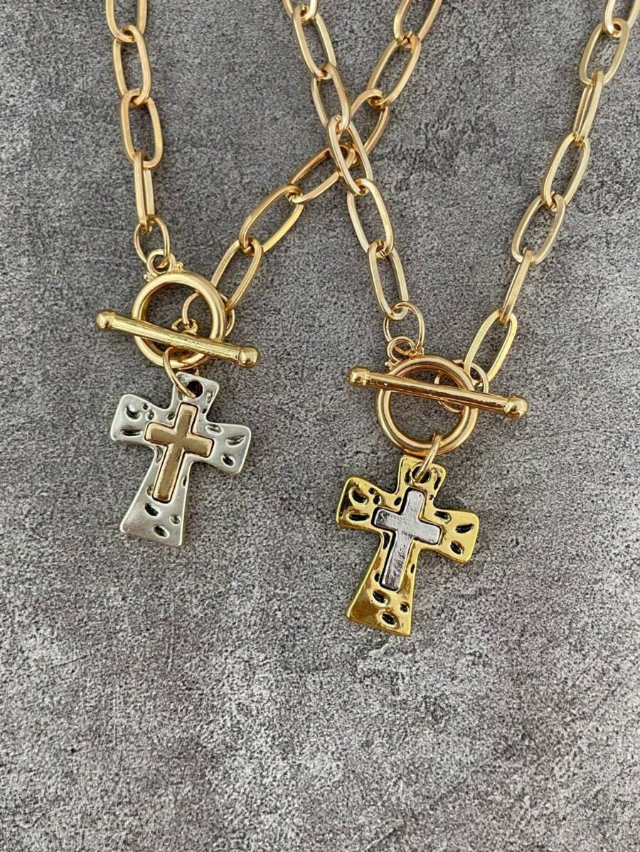 1PC Retro Boho Cross Pendant Necklace Chunky Statement Pendant Necklace For Women Unique Silvery Golden Chain Necklace Religious Christian Cross Daily Party Jewelry Gift For Her