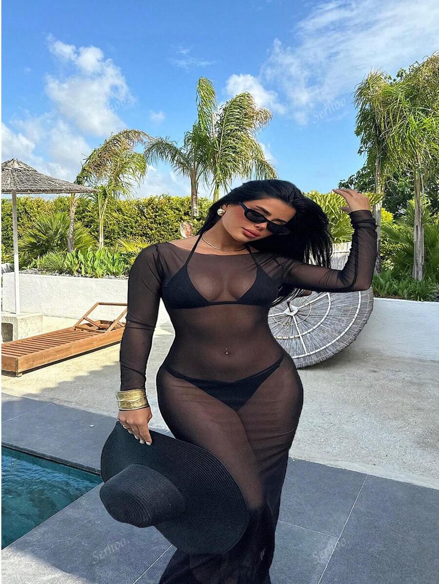 Women's Sexy Slim-Fit Net Sheer Off Shoulder Long Sleeve Long Dress, Plus Size, Summer