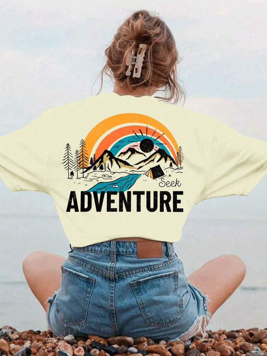 Seek Adventure Print Tee Shirt, Suitable For Camping, Hiking, Nature Lovers, Adventure Seekers, Summer Holiday