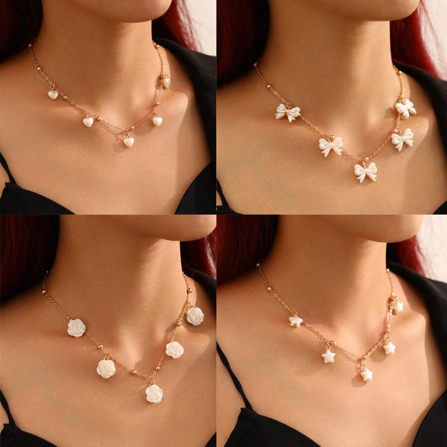 1 peça colar estiloso com laço, flor, coração e pentagrama, gargantilha versátil e fofa para meninas
