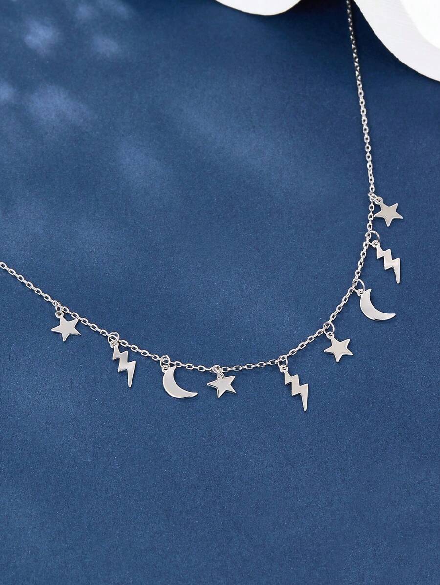 1 Piece Sterling Silver 925 Stylish & Elegant Star Moon Tassel Pendant Necklace - Ideal For Women's Daily, Party, Banquet & Wedding Jewelry Wear. Perfect Jewelry Gifts For Birthdays, Ramadan, Thanksgiving & Anniversary.