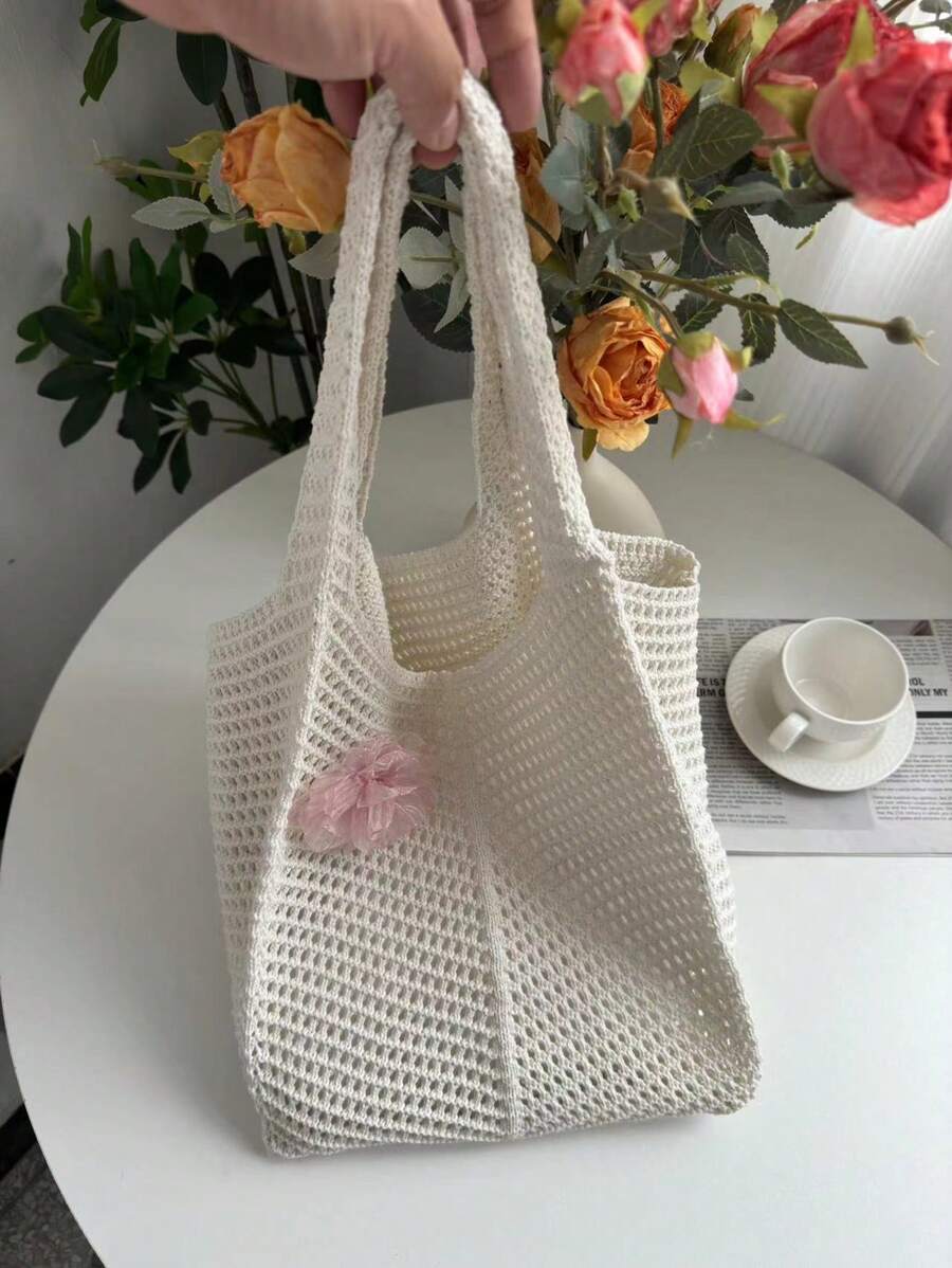 Summer Beach Hollow Woven Tote Bag, Foldable Design, Oversized Women's Handbag, Beach Bag; New Fashionable Floral Embroidery Shoulder Bag Suitable For Summer Beach, Vacation, Valentine's Day