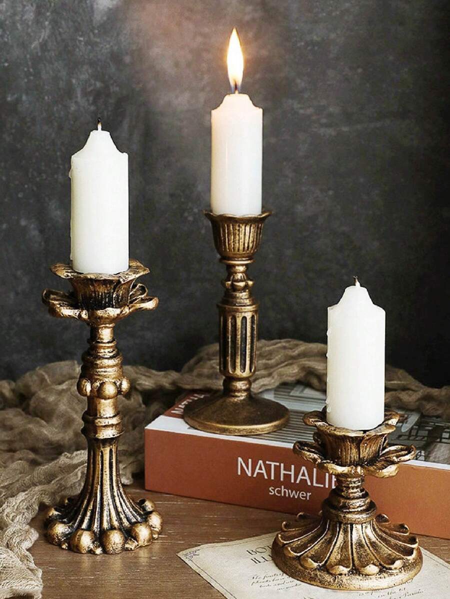 1PC French Classical Aromatherapy Candle Retro Resin Imitation Copper Candlestick Base - Suitable For Living Room, Bedroom, Desktop, Dining Table, Office, TV Cabinet, Shelf, Best Gift For Housewarming