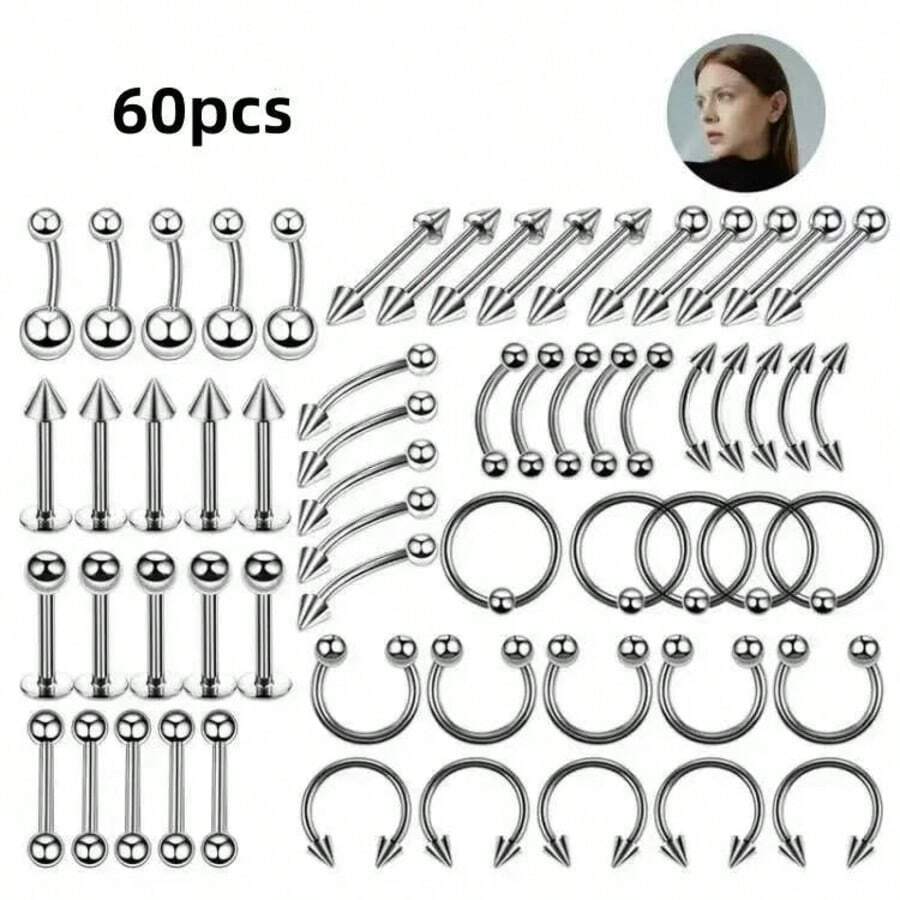 100 pièces Lot de bijoux de perçage, Anneau de nez 14G 16G 20G, Labret de lèvre, Anneau de langue, Boucle d'oreille cartilage en acier inoxydable, Accessoires de piercing corporel Barbell