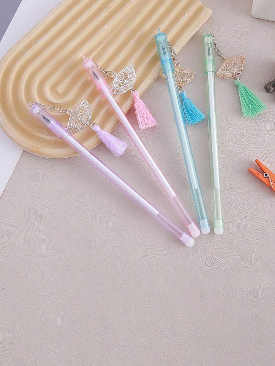 5pcs Creative Crystal Fan Pendant Pen Cute Tassel Pendant Water Based Pen High Beauty Neutral Pen Signature Pen (Color Random), School Supplies,Back To School