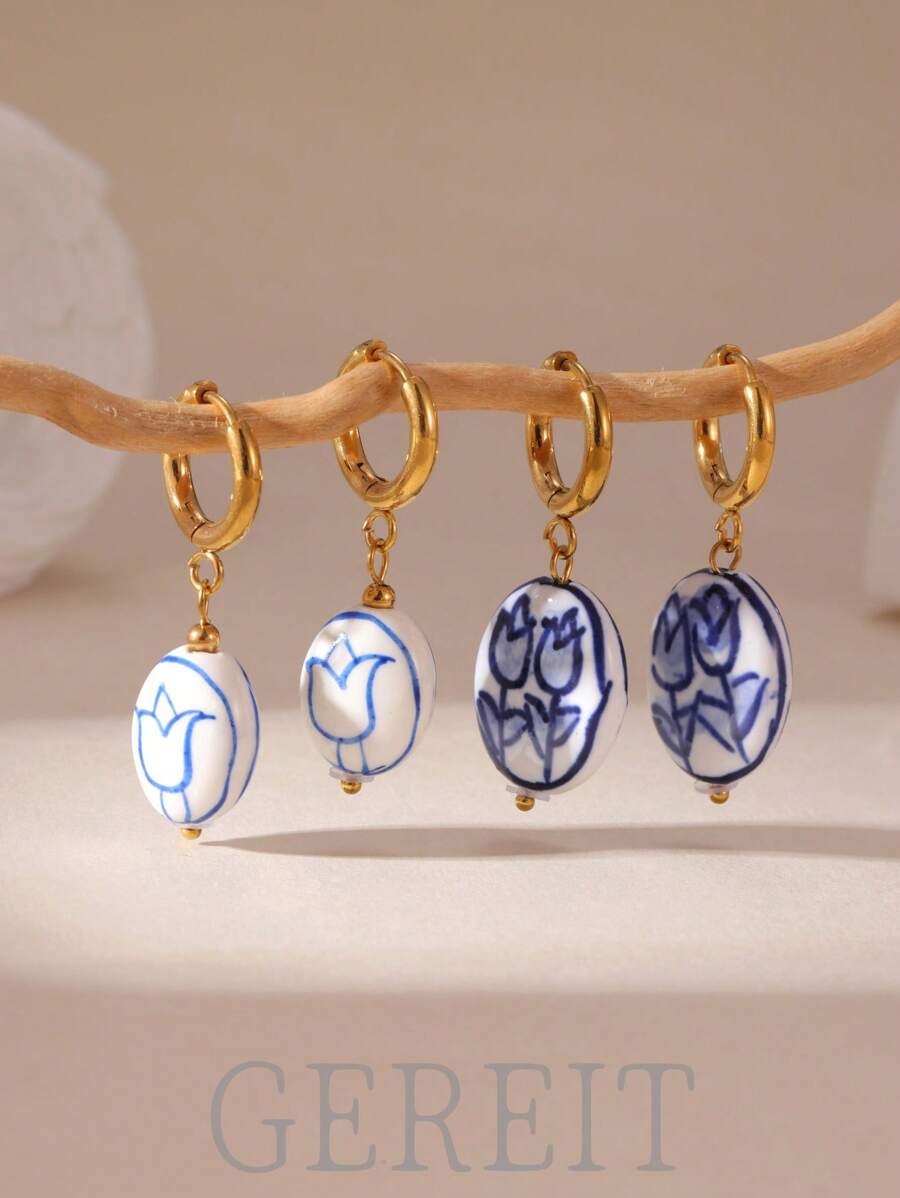 GEREIT 1 Pair Vintage Blue & White Porcelain Tulip 18K Gold Stainless Steel Dangle Earrings, Suitable For Women's Daily Accessories