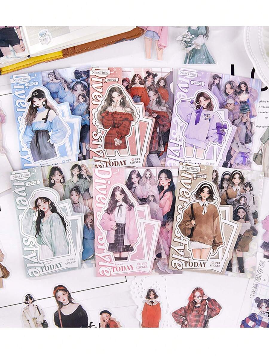20pcs/Pack Vintage Fashionable Artistic Style Girls PET Waterpoof Junk Journal Scrapbooking Decorative Craft Scrapbook Stickers 10design Pattern, School Supplies, Back To School