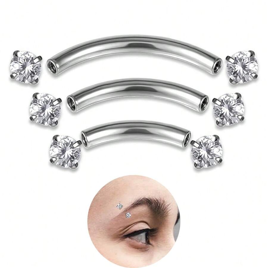 Set de 3 piezas de joyas para perforaciones de ceja, cartílago, labio y daith, de acero quirúrgico en formas de barras curvadas de 6mm, 8mm y 10mm, calibre 16G, para mujeres y hombres